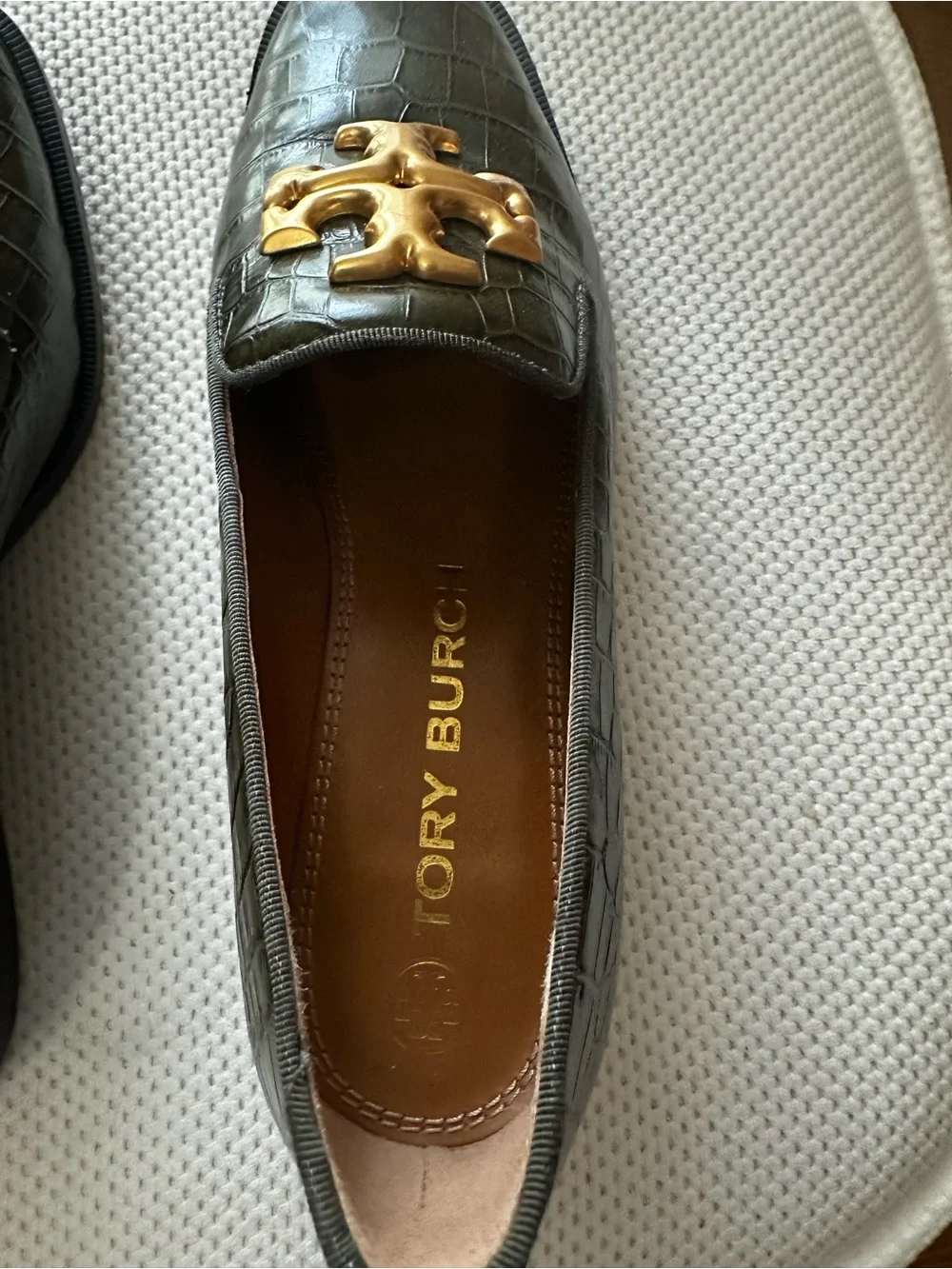 Tory Burch Olive Croc-Embossed Leather Loafers with Gold Logo